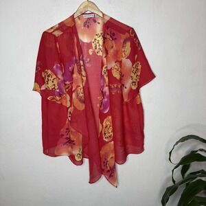Susan Graver Red Sheer Floral Short Sleeve Kimono Womens 1X Boho‎ Lightweight